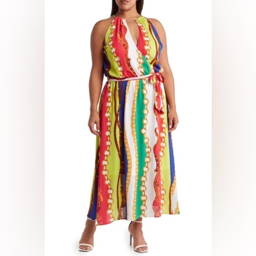 Love X Design Beach House Sleeveless Dress Size 2X Chain Print Halter Maxi NWT